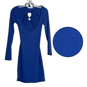 Lush Ribbed Knit Royal Blue Cutout Tie Neck Bodycon Dress Size S NWT